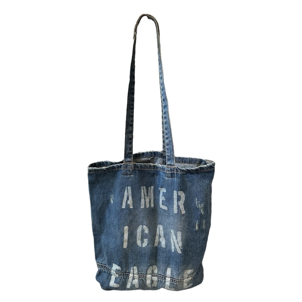 American Eagle Distressed Denim Tote Bag Logo 100% Cotton Blue Medium